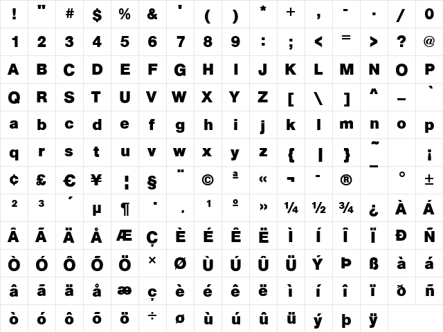 Arezzo-Bold Regular  glyph index