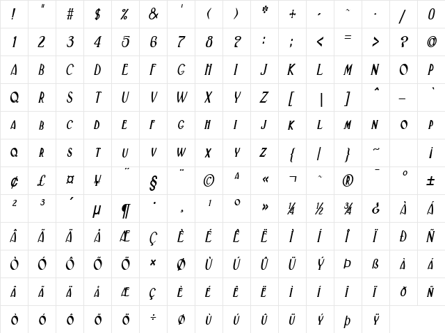 Deco-Condensed Bold Italic  glyph index