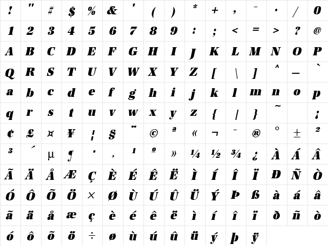 URWAntiquaTUltBolExtNar Oblique  glyph index