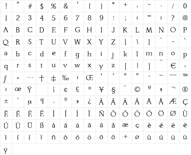 Derringer-Light Regular  glyph index