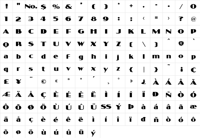 LHFBellBoy Regular  glyph index