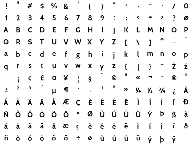 Cabin Bold  glyph index