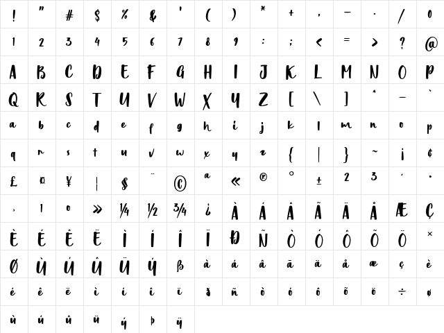 Bonjour Regular  glyph index