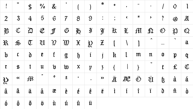 MonAmourFraktur2 Regular  glyph index