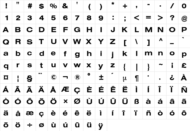 Helvetica Extended BQ Regular  glyph index