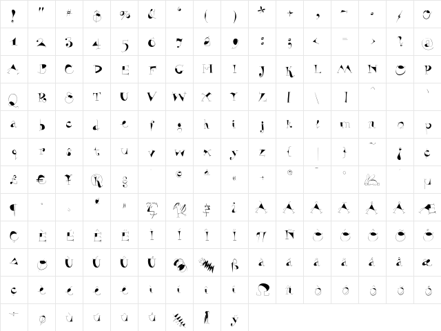 VivaBodoni Regular  glyph index