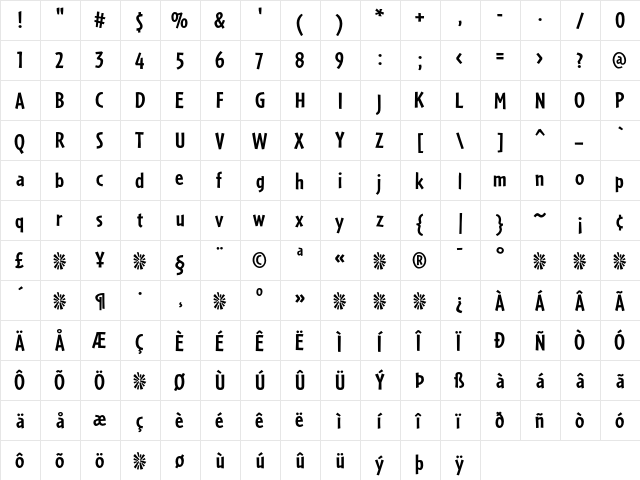 Cafeteria Bold  glyph index