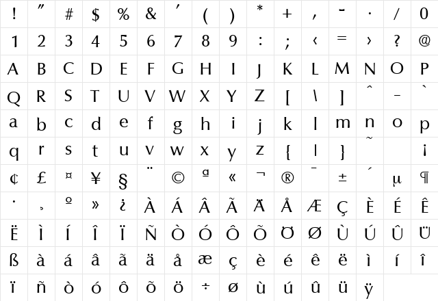 Columbia-Serial Regular  glyph index