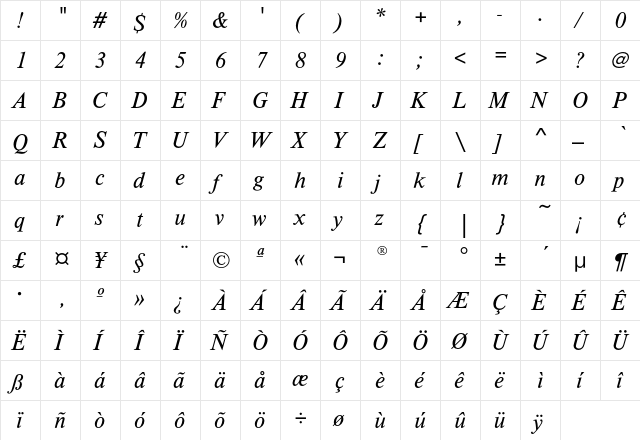 TimelessEF-LightItalic Regular  glyph index