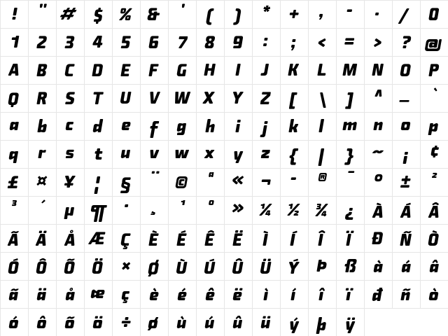 Fishmonger EB Italic  glyph index