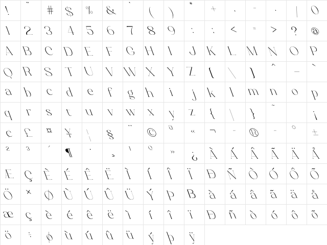 Luimp Light Oblique Light  glyph index