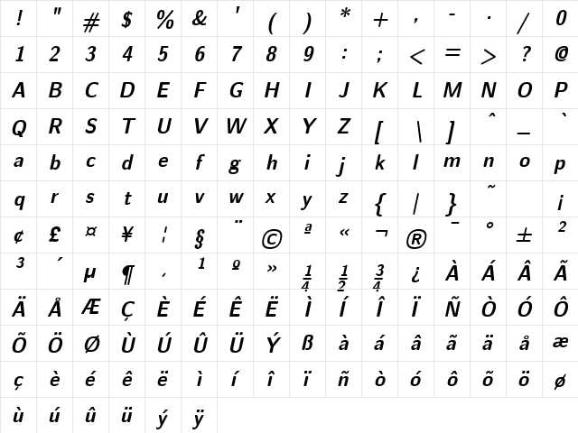 Emil Bold Oblique  glyph index