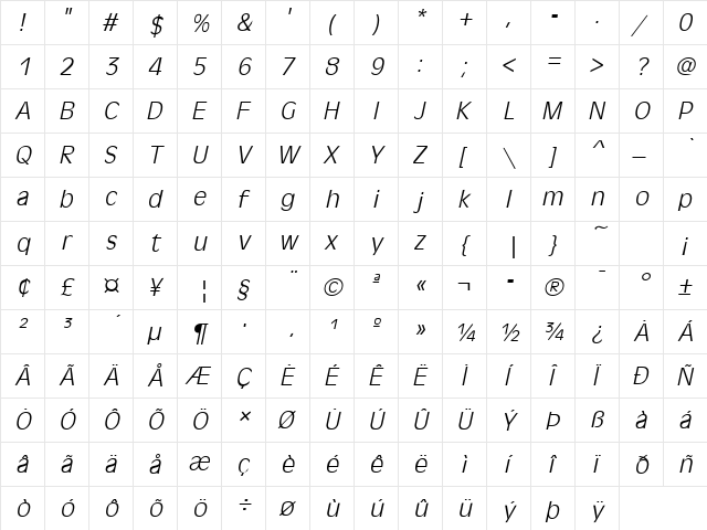 AntiqueOliveL Italic  glyph index