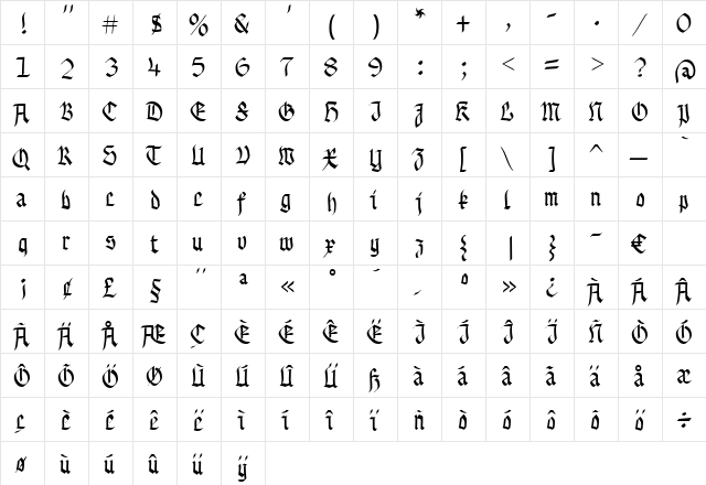 BuchkunstBold Regular  glyph index