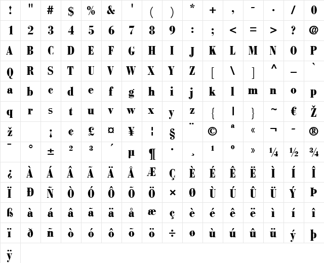 BauerBodoni LT BoldCond Bold  glyph index