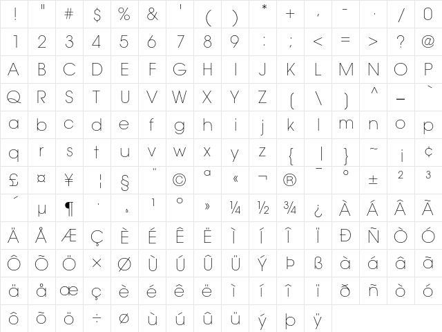 ITC Avant Garde Gothic Extra Light  glyph index