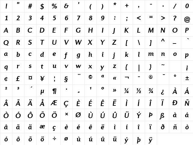 Diverda Sans Com Bold Italic  glyph index