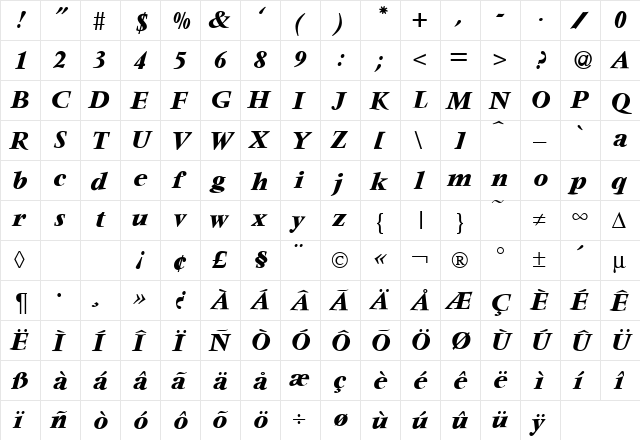 VendomeTwo BoldItalic  glyph index