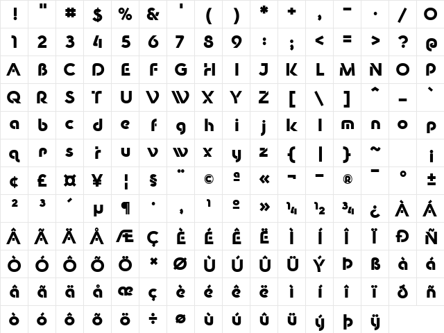 New Shape Bold  glyph index