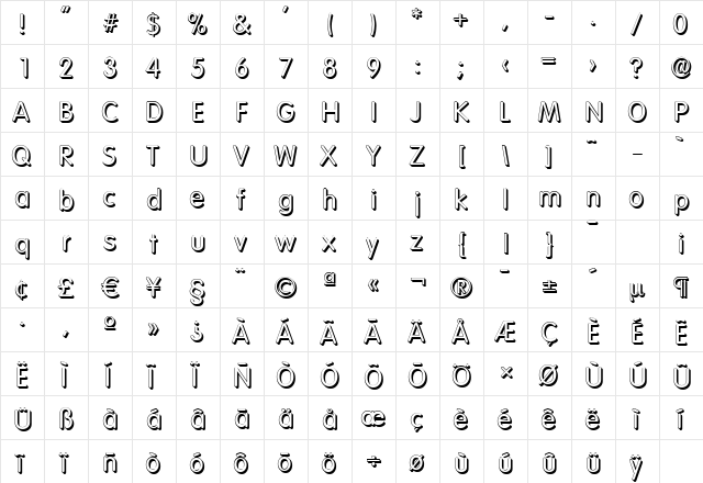 VolkswagenShadow Regular  glyph index