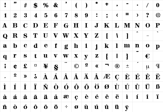 Valencia-ExtraBold Regular  glyph index