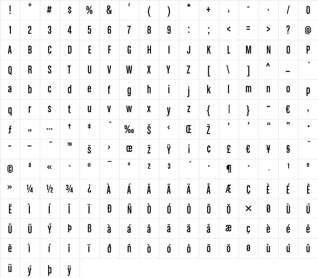 ChaletComprime-CologneSixty Regular  glyph index