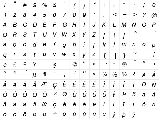 Swis721 BT Italic  glyph index