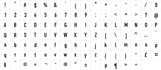 DINCondensedC Regular  glyph index
