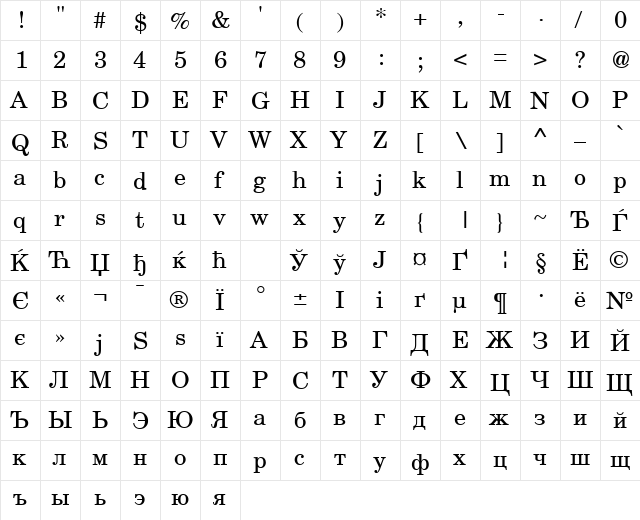 AGNewHandbook Roman  glyph index