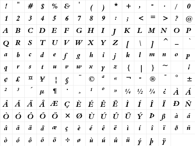 Aldine401 BT Bold Italic  glyph index