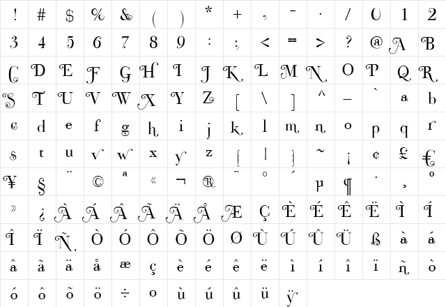 Bodoni Classic Swashes Roman  glyph index