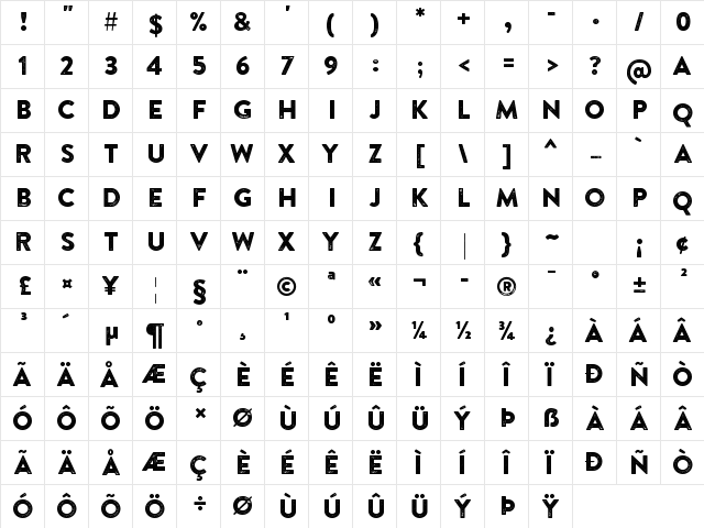 Brandon Printed One  glyph index