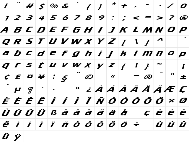 CruiserExtended Italic  glyph index