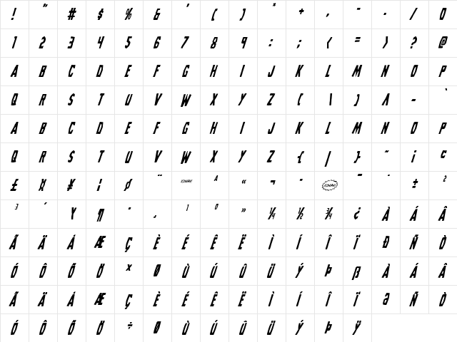 Grim Ghost Condensed Italic Condensed Italic  glyph index