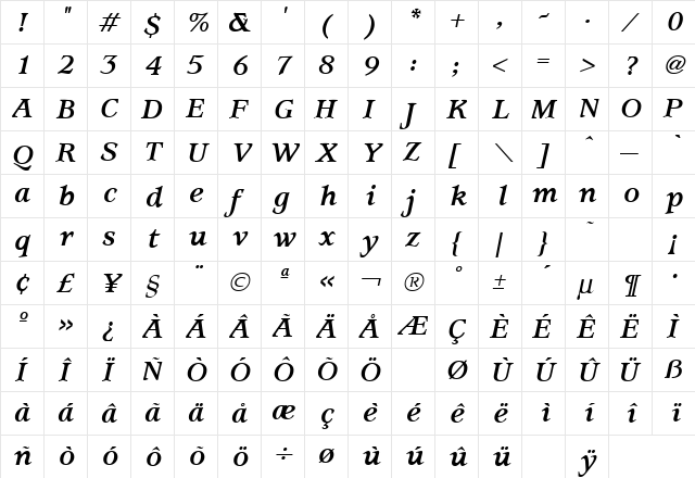 Usherwood Bold Italic  glyph index
