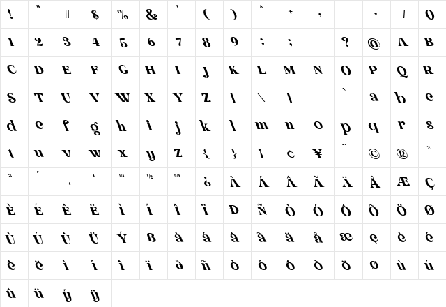 Hellowin Oblique  glyph index