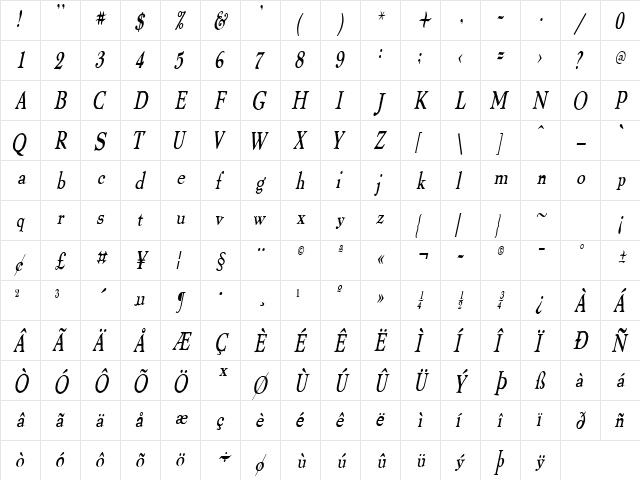 ThomasPaineCondensed Italic  glyph index