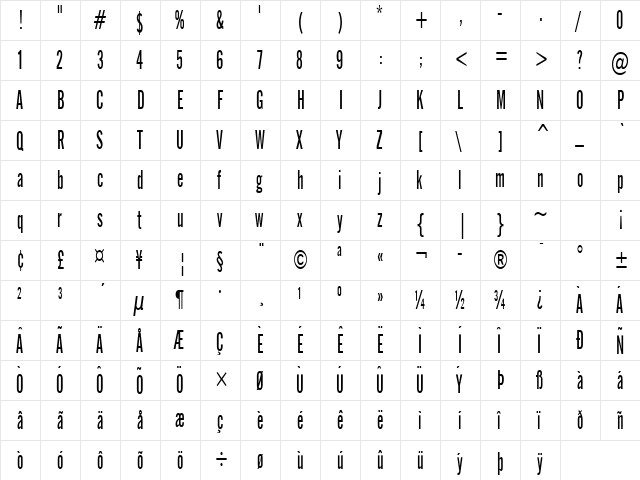 Eng Gothic Thin Normal  glyph index