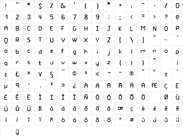 Canaith Regular  glyph index