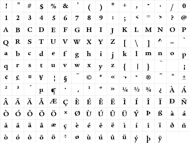 Legacy Serif ITC TT Bold  glyph index