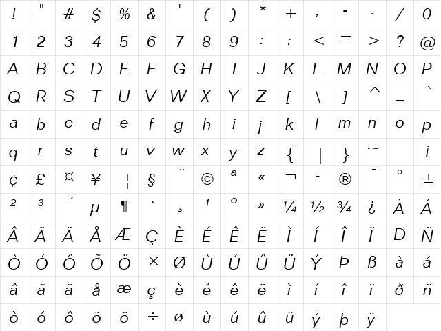 Folio Light Italic  glyph index