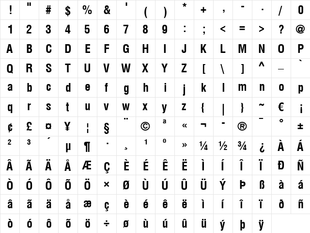 Helvetica LT Condensed Bold  glyph index