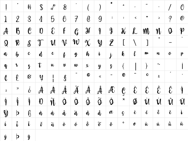 Westline Regular  glyph index