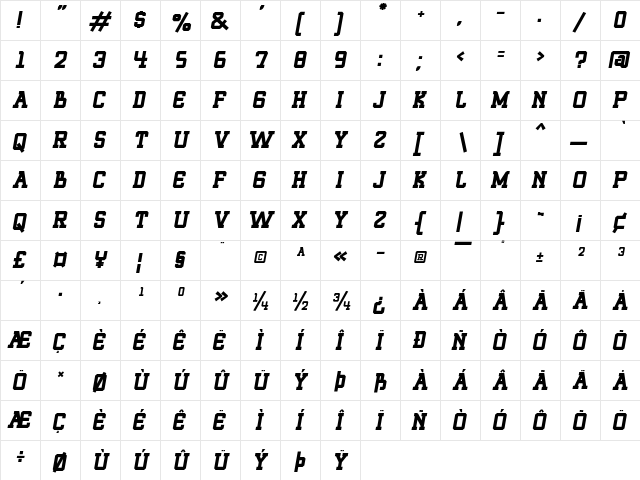 ROQUERO Italic  glyph index