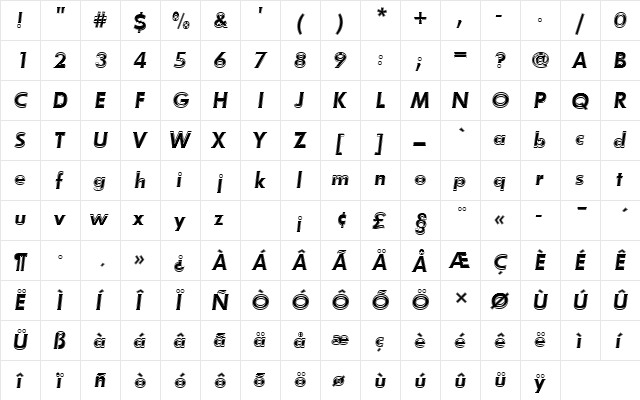 FuturaTDemOblIn1 Regular  glyph index