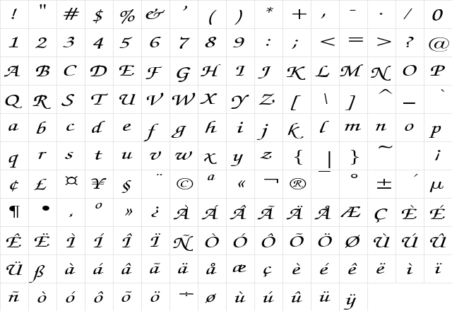 ExchequerScriptExtended Regular  glyph index