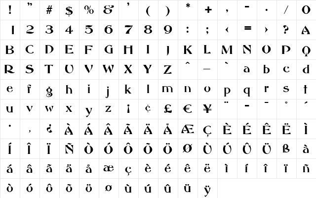 HannahBecker Regular  glyph index