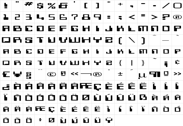 MicrFontExt Regular  glyph index