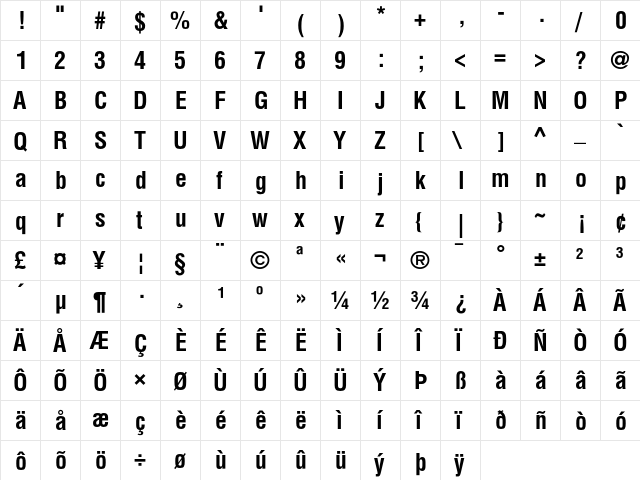Helvetica Condensed Bold  glyph index