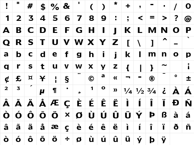 Humanst970 BT Bold  glyph index